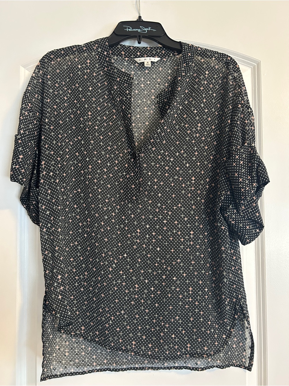 CAbi Black V-Neck Blouse with Pink Swiss Dot Cross Print
